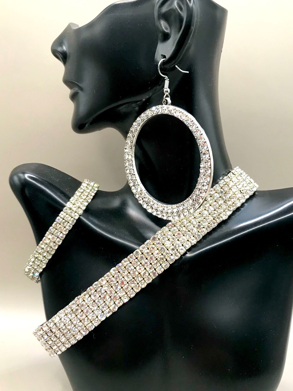 Silver-Tone Rhinestone Choker, Bracelet & Hoop Earrings Set
